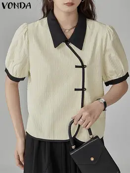 VONDA Летние женские Цветные рубашки в стиле пэчворк, Модная блузка с лацканами и короткими пышными рукавами на пуговицах 2023 года, Повседневные Свободные блузы, Верхняя туника