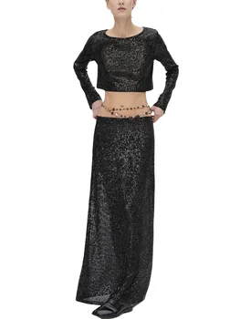 Женская Длинная юбка с пайетками, сексуальная облегающая юбка-карандаш Макси с низкой посадкой и блестками, уличная одежда