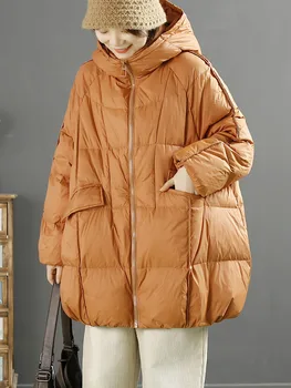 Женская куртка на белом утином пуху с капюшоном, осень-зима, теплая верхняя одежда, повседневная Свободная верхняя одежда большего размера, толстое пальто, Новинка 2023 года
