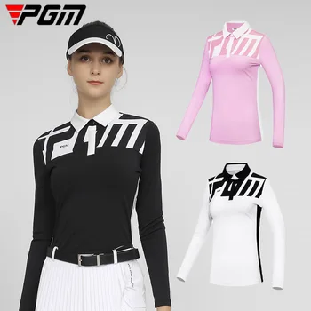 PGM Осенняя женская рубашка для гольфа с пуговичным воротником, женская эластичная спортивная футболка, ветрозащитные тонкие топы для гольфа с длинными рукавами, спортивная одежда с принтом