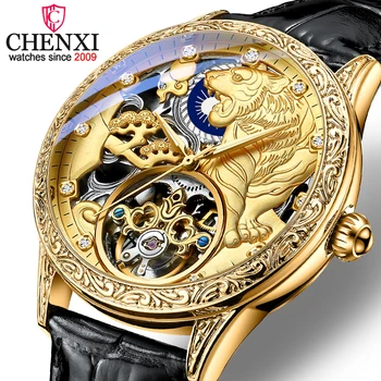 Мужские часы CHENXI С автоматическим механическим Водонепроницаемым кожаным ремешком Деловые часы Мужские Роскошные Золотые люминесцентные наручные часы
