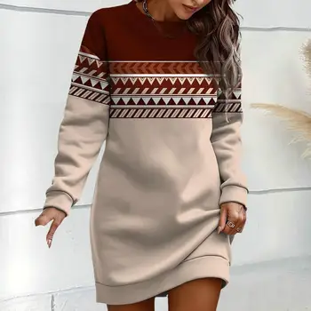 Осенне-зимнее женское модное платье-свитер с контрастным круглым вырезом, женское повседневное платье свободного кроя с длинным рукавом, M-3XL