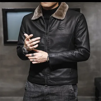 Мужские кожаные куртки, новое поступление, зимние брендовые флисовые толстые теплые мотоциклетные деловые повседневные мужские кожаные куртки, плюшевые пальто с воротником