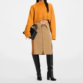 Элегантный шерстяной комплект юбок из 2 предметов, Дизайнерский женский Высококачественный свитер с круглым вырезом и рукавом 
