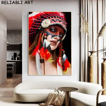 Современный африканский женский портрет Холст, живопись, плакат с пигментом цвета пера и принты для домашнего декора в гостиной Без рамки
