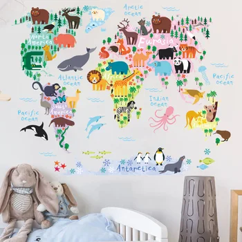 Наклейки на стену с картой мира диких животных в джунглях для спальни, детской, гостиной, декором, наклейки на стены, украшения для дома своими руками