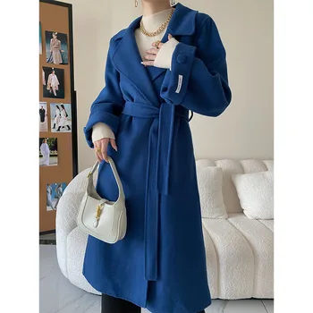 Роскошное женское длинное шерстяное пальто, толстые теплые синие шерстяные куртки с отворотом для отдыха, женская зимняя универсальная двусторонняя верхняя одежда