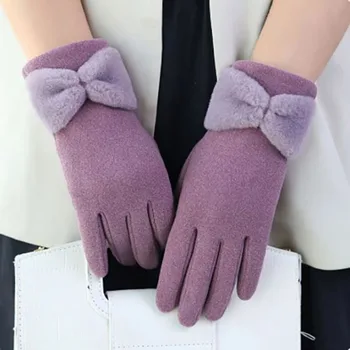 Мягкие и приятные для кожи, сохраняющие тепло Женские перчатки с бантиком, дышащие утепленные бархатные перчатки, теплые