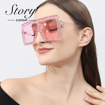 STORY, квадратные солнцезащитные очки большого размера с бриллиантами, фирменный дизайн, модные солнцезащитные очки в розовой оправе со стразами, женские солнцезащитные очки S2036B