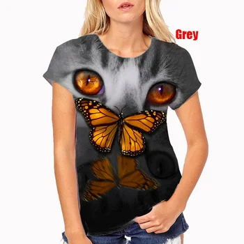 Новая модная женская футболка с круглым вырезом и 3D животным принтом, повседневная футболка с принтами кошек и бабочек