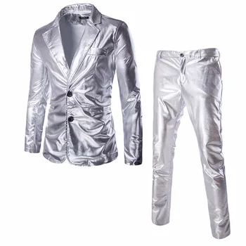 Костюм с блестящим металлическим покрытием, блейзер, роскошный брендовый костюм из 2 предметов (куртка + брюки) Костюмы для Хэллоуина в ночном клубе Homme Silver на заказ
