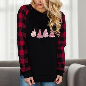 Женская футболка с рукавами в полоску, Женская футболка с рождественским принтом в виде милых забавных животных, круглый вырез, клетчатый пуловер с длинным рукавом