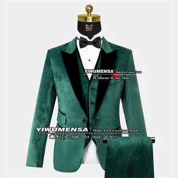 Зеленые бархатные костюмы Мужские, комплект из 3 предметов, однобортный черный пиджак с лацканами + жилет + брюки, обычный приталенный свадебный смокинг, сшитый на заказ