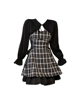Женская одежда Sweet Summer Tide Fashion Gyaru, комплект из 2 предметов, клетчатое платье на бретельках с круглым вырезом + черный бандажный кардиган, уличная одежда