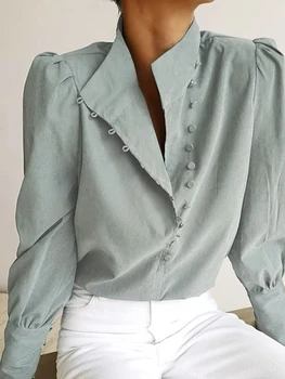 Элегантная блузка с высоким воротом, белая рубашка с длинным рукавом, офисный женский топ, повседневные однобортные женские блузки с пышными рукавами