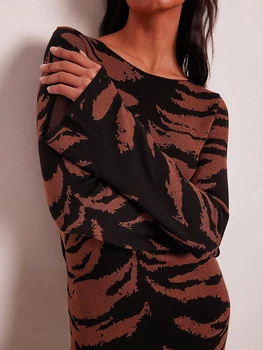 Женский вязаный свитер в рубчик, Макси-платье с принтом Зебры, облегающее платье с длинным рукавом и V-образным вырезом, повседневные вечерние платья
