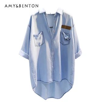 Синие рубашки средней длины из мерсеризованного хлопка с одним карманом, женская весенняя новинка 2023 года, тонкая блузка в корейском стиле с длинным рукавом, топ из джинсовой ткани.