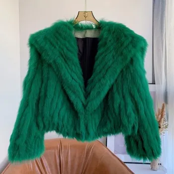 Короткое пальто из искусственного меха, плетеный мех кролика Рекс, зеленое зимнее пальто с отворотом из длинных волос