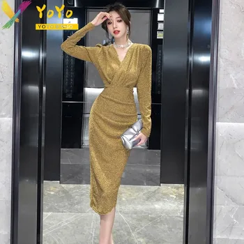 Вечернее Золотое Простое платье В Корейском стиле С V-образным вырезом, Женское Офисное Платье 2023, Осенне-Зимнее Модное Элегантное Облегающее Вечернее платье