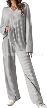 Осенняя мода 2023 года Темперамент Повседневные Удобные повседневные предметы домашнего обихода с Vобразным вырезом и длинными рукавами Комплект брюк для женщин