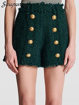 Высококачественные осенне-зимние модные женские шорты 2023 года, сексуальные двубортные брюки из твида с кисточками и высокой талией, уличные прямые брюки с кисточками