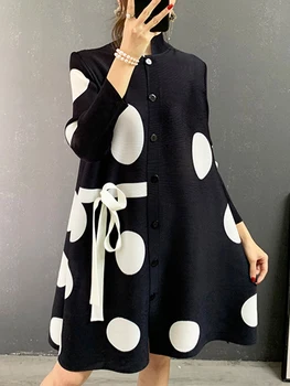2023 Плиссированное платье со стоячим воротником Miyake, осенняя однобортная Фестивальная одежда с принтом в горошек на шнурке, Элегантная женская одежда