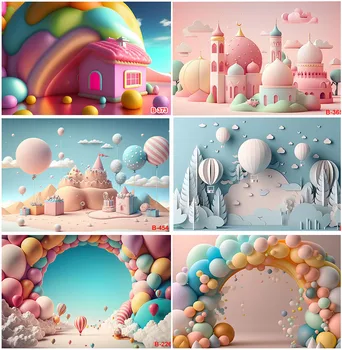 Детский день рождения, 3D Замок, воздушные шары, цветные облака, фоны, детский день рождения, портрет ребенка, декор, фоны для конфетного домика, Фото