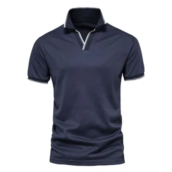 Мужские рубашки поло AIOPESON с V-образным вырезом, однотонные Классические мужские поло с коротким рукавом, 2022 Новая летняя рубашка поло, мужская одежда