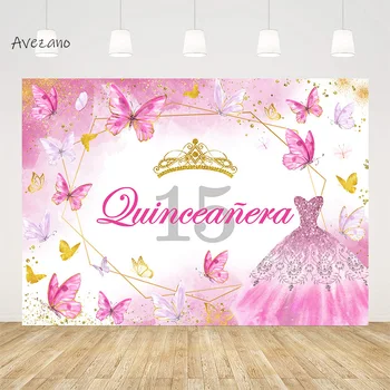 Фон для 15-го дня рождения Avezano Розовое платье принцессы с блестками Butterfiles, декор для вечеринки в блестящей короне для девочек, декор для вечеринки, Фоновая фотография
