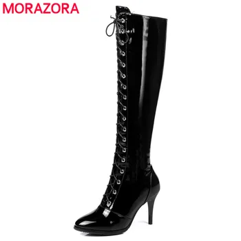 MORAZORA 2021, новые модные ботинки, женские сапоги до бедра на высоком каблуке со шнуровкой, осень-зима, сапоги выше колена, обувь для вечеринок