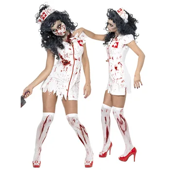 Новейший взрослый костюм медсестры-зомби на Хэллоуин, женское сексуальное белое платье медсестры, косплей на Хэллоуин, жуткий костюм с брызгами