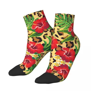 Гибискус и Плюмерия, тропические цветы с пальмовыми листьями, Леопардовые носки, короткие уникальные повседневные дышащие носки для взрослых до щиколоток
