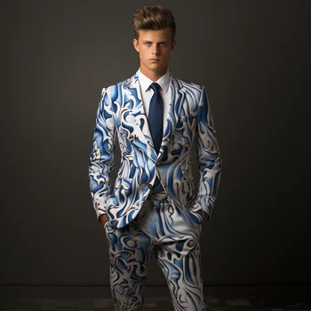 Мужской брючный костюм Blue Flame 2024, мужской костюм с цифровой 3D-печатью, Cos Party Stage, ночной клуб, блестящий крутой костюм для выступлений
