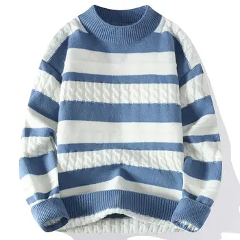 Изысканная мужская мода Осень-зима, британский стиль, тонкие трендовые полосы, однотонный пуловер с круглым вырезом, свитер, повседневный трикотаж