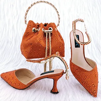 Покажи итальянскую обувь и сумки в тон к комплекту обуви с сумкой, украшенному стразами, комплект женских свадебных туфель в нигерийском стиле!  HGY1-24