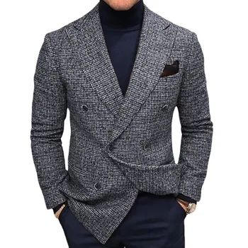Мужской блейзер из хлопка, приталенный мужской костюм в корейском стиле, куртка, одежда больших размеров с клетчатым принтом, повседневная одежда для свадебной вечеринки, пальто с длинным рукавом