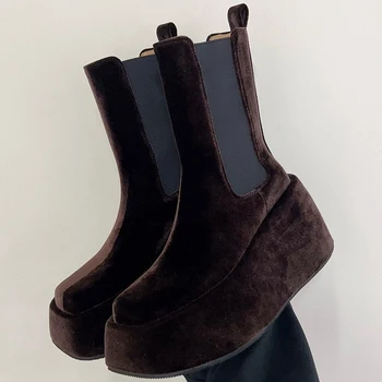 Осень-зима, новые женские короткие ботинки на толстой подошве из бархатного материала, теплые удобные женские ботинки на платформе, увеличивающие рост