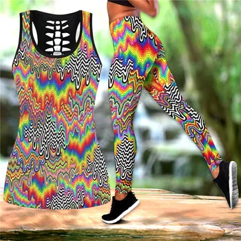 Комбинированный наряд в стиле хиппи, леггинсы и открытая майка, костюм для йоги, фитнеса, мягкие леггинсы, летние женские леггинсы для девочек