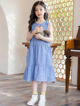 2022 Летние хлопчатобумажные клетчатые длинные платья для малышей без рукавов для маленьких девочек, детская одежда, платья трапециевидной формы в корейском стиле с круглым вырезом, Q21