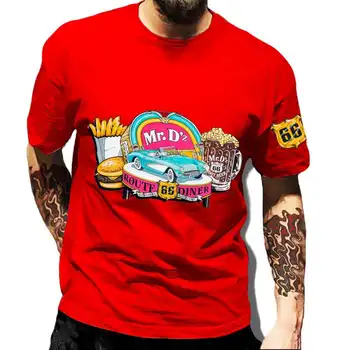 Повседневная мужская футболка с круглым вырезом в стиле хип-хоп с рисунком Бургера и картофеля фри, Короткий рукав, Красная футболка с принтом US Route 66, Топ Оверсайз