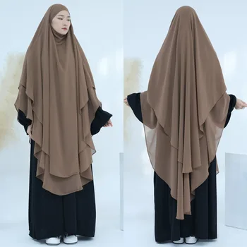 2 Слоя Длинного Никаба Из Шифона Химар Рамадан ИД Мусульманская Женская Одежда Исламские Платья Новый Галстук Сзади Мгновенный Хиджаб Вуаль Одежда